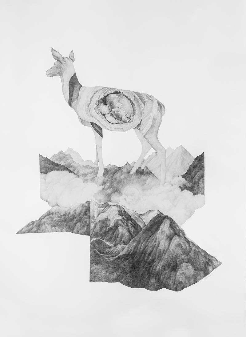 pencil drawing, deer, mountains, mother nature