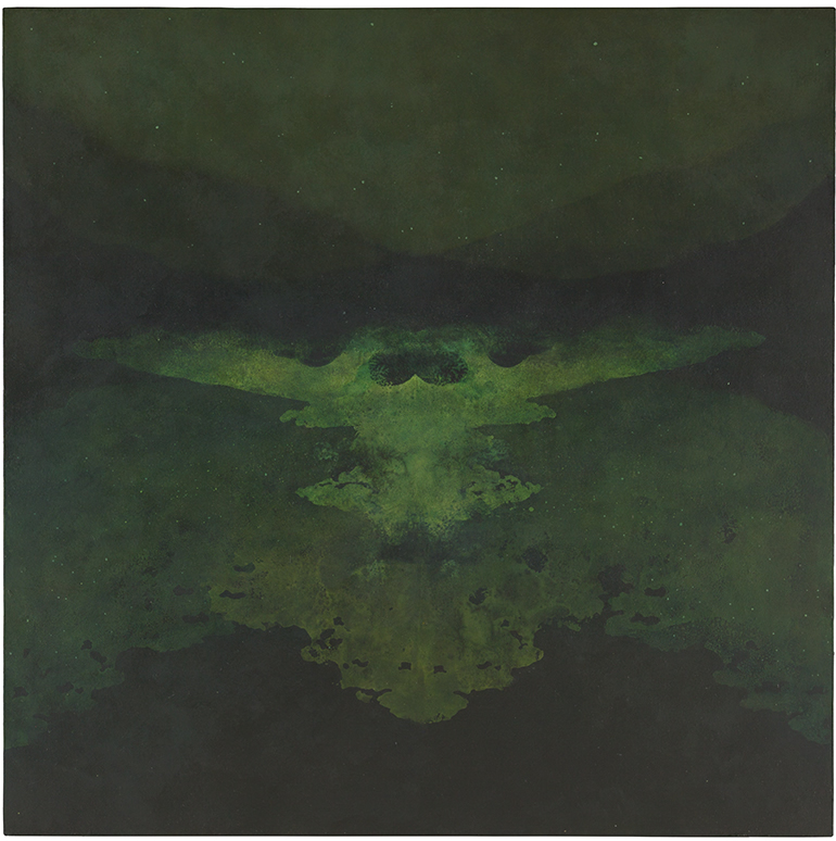 oil painting on wood, rorschach, deep green colours